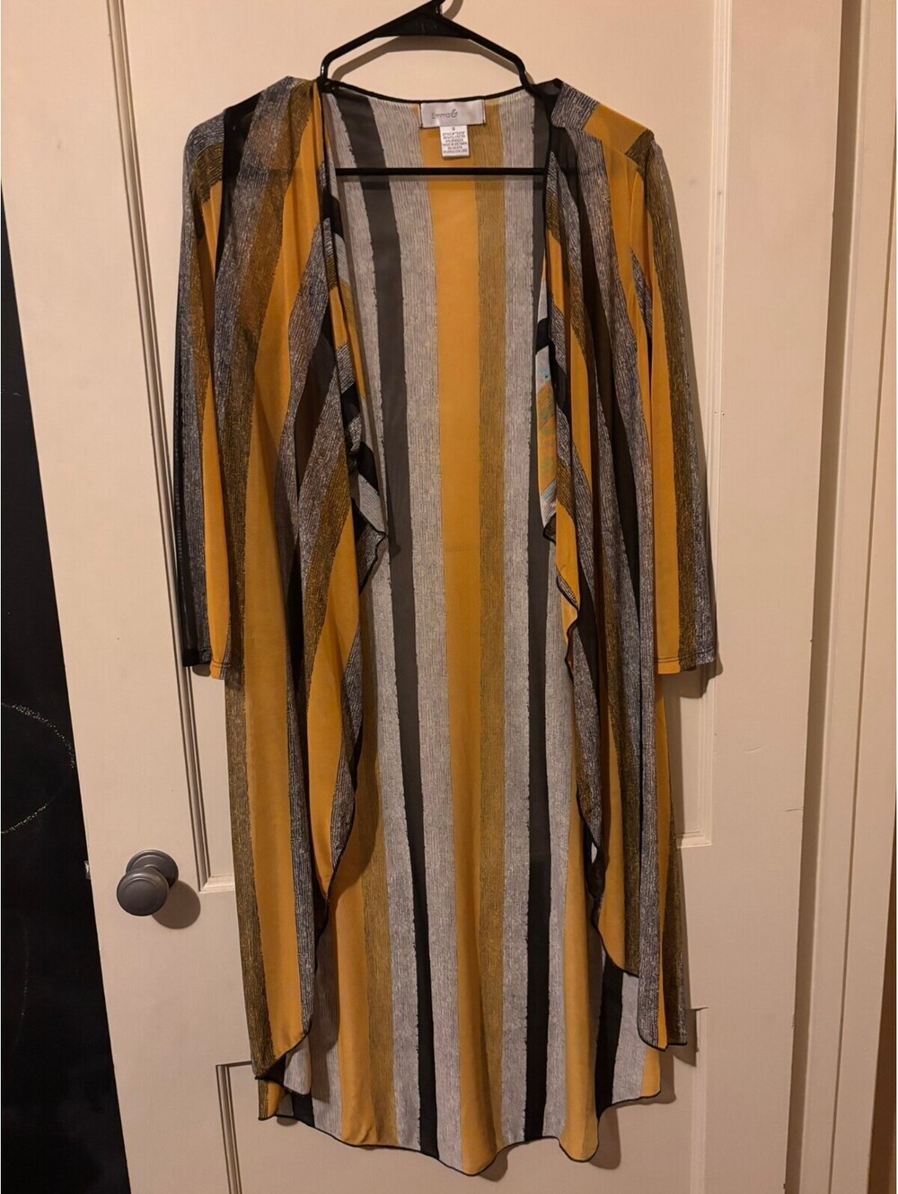 Womens striped open front duster cardigan mustard gray and black Small